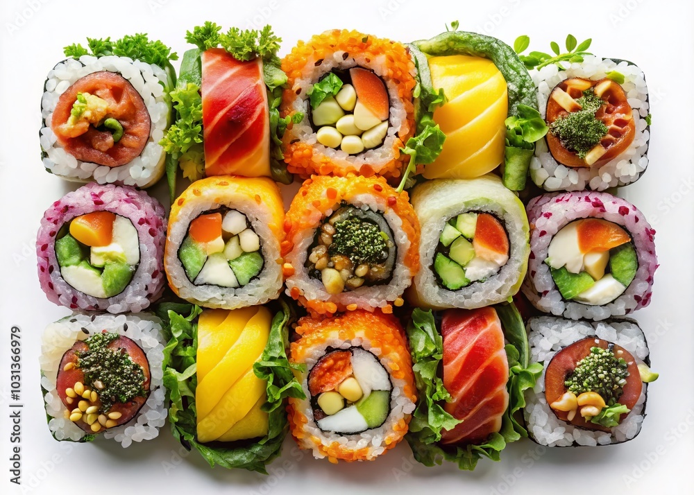 Double Exposure Sushi Rolls Art - Isolated on White Background for Culinary Creativity