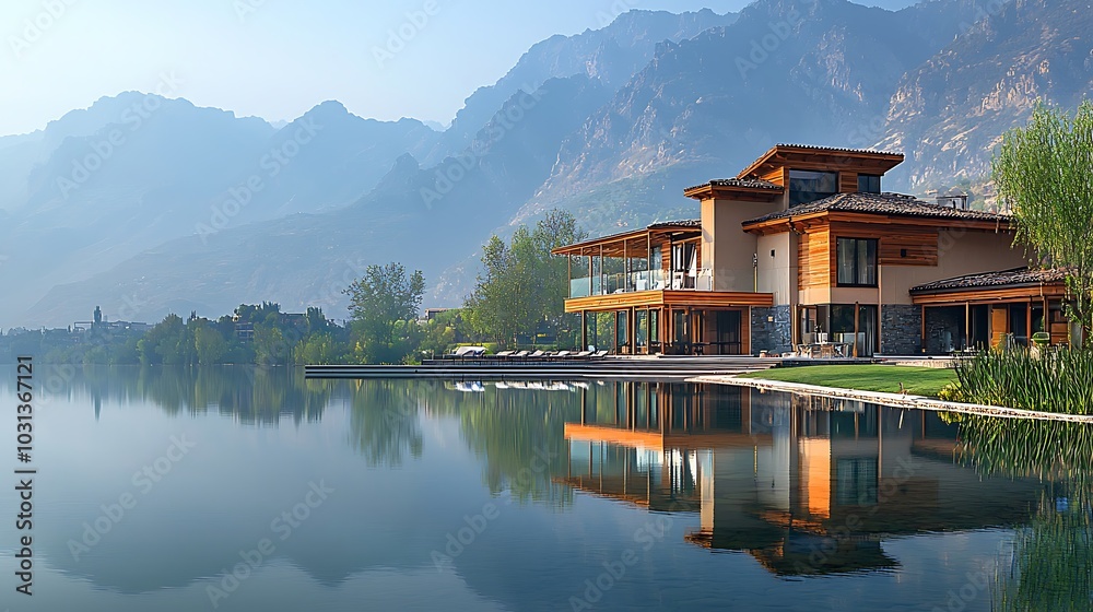 Modern Lake House with Mountain View and Reflection Modern Lake House with Mountain View and Reflection