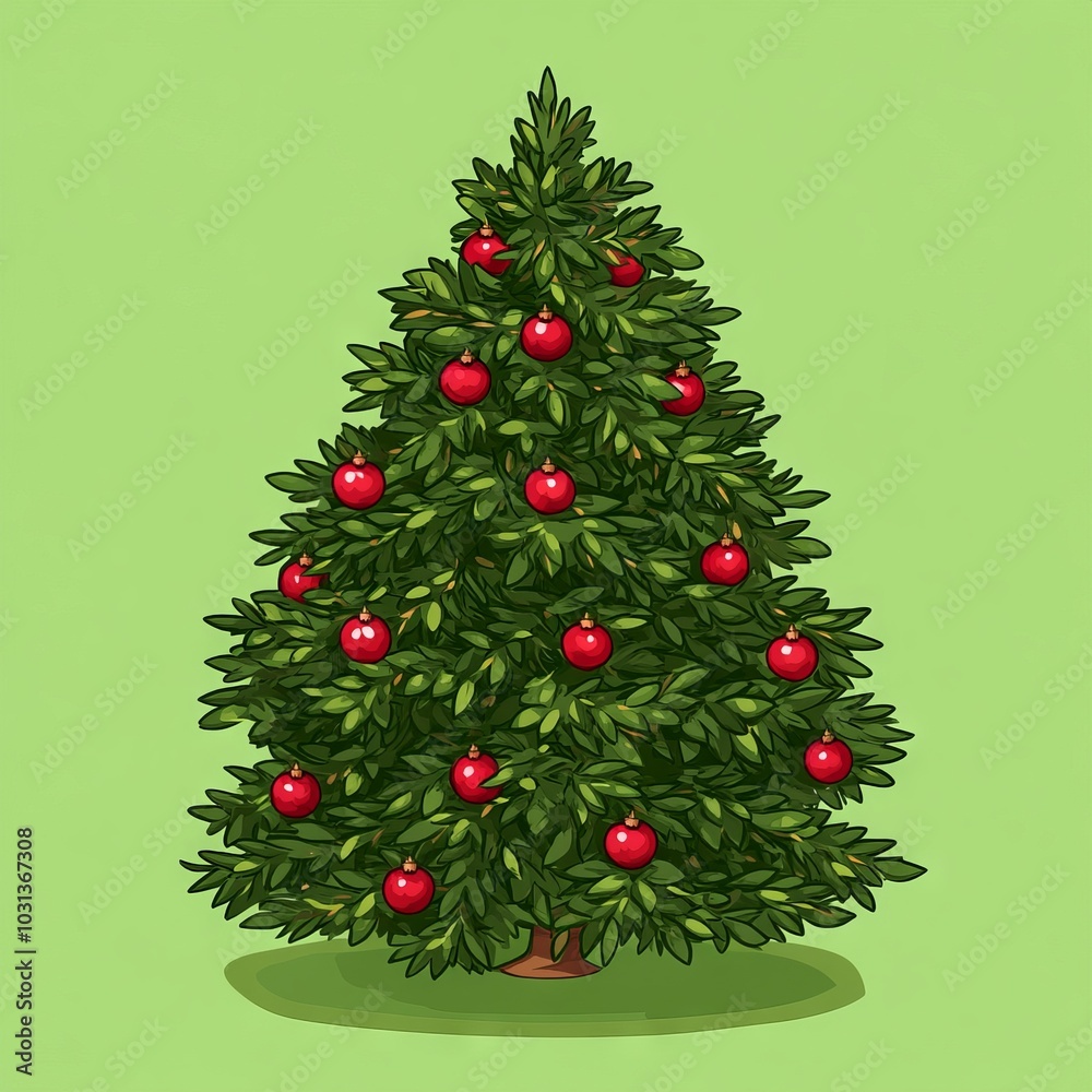 A decorated Christmas tree with red ornaments on a green background.