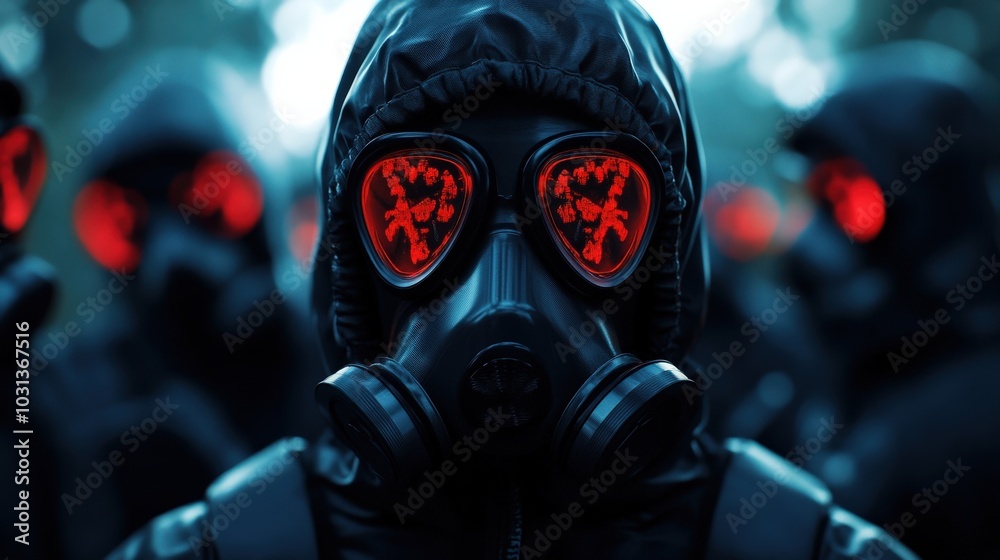 Masked figures in a dystopian setting with glowing red eyes. Masked figures in a dystopian setting with glowing red eyes.