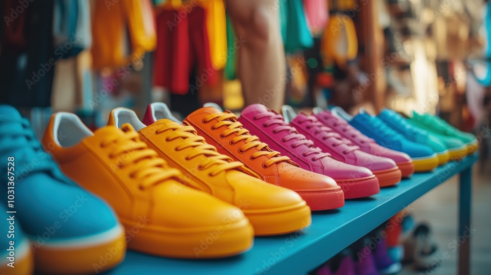 Shoe seller arranging a vibrant display of colorful sneakers in a retail shop on a sunny afternoon Shoe seller arranging a vibrant display of colorful sneakers in a retail shop on a sunny afternoon