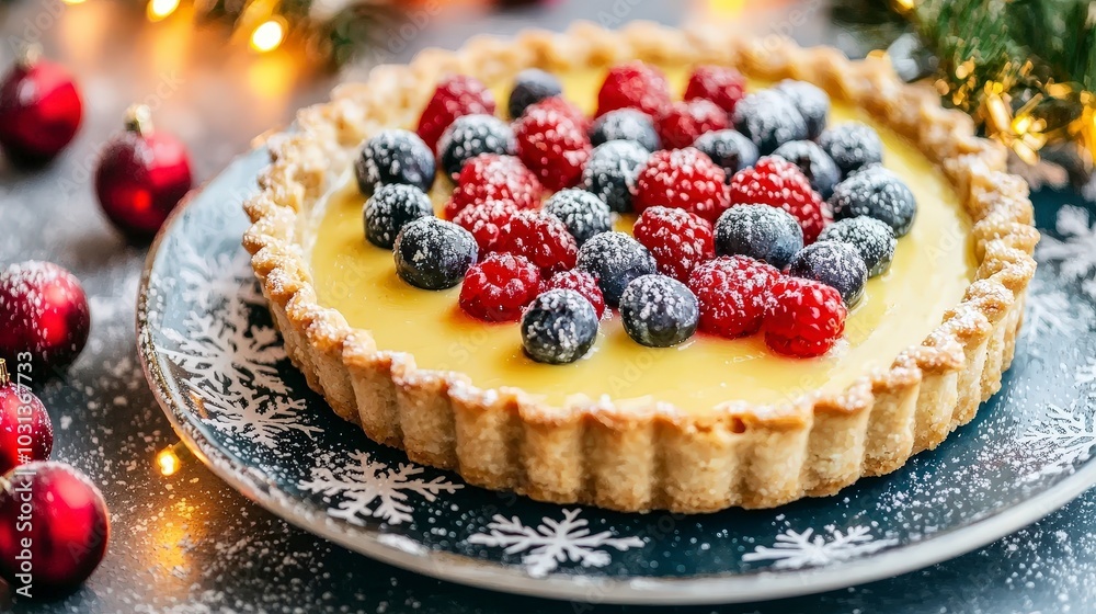 Delightful holiday tart topped with fresh berries and cream Delightful holiday tart topped with fresh berries and cream
