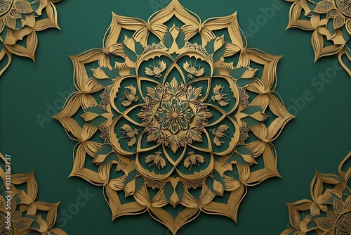 Intricate golden mandala pattern on a deep green background.