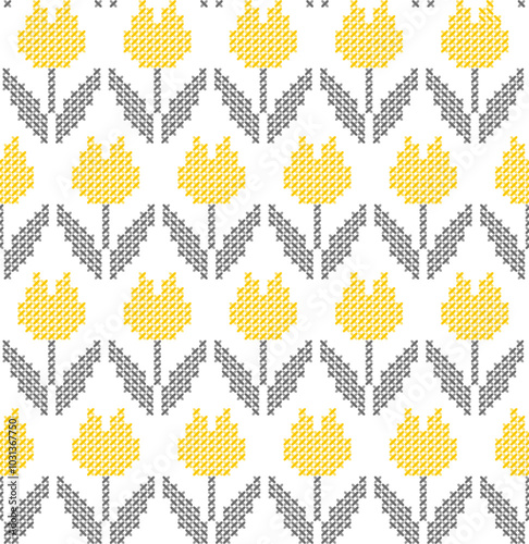 Tulips cross-stitch texture yellow grey Vector Pattern. Traditional X needle point spring tulip flowers embroidery seamless pattern.