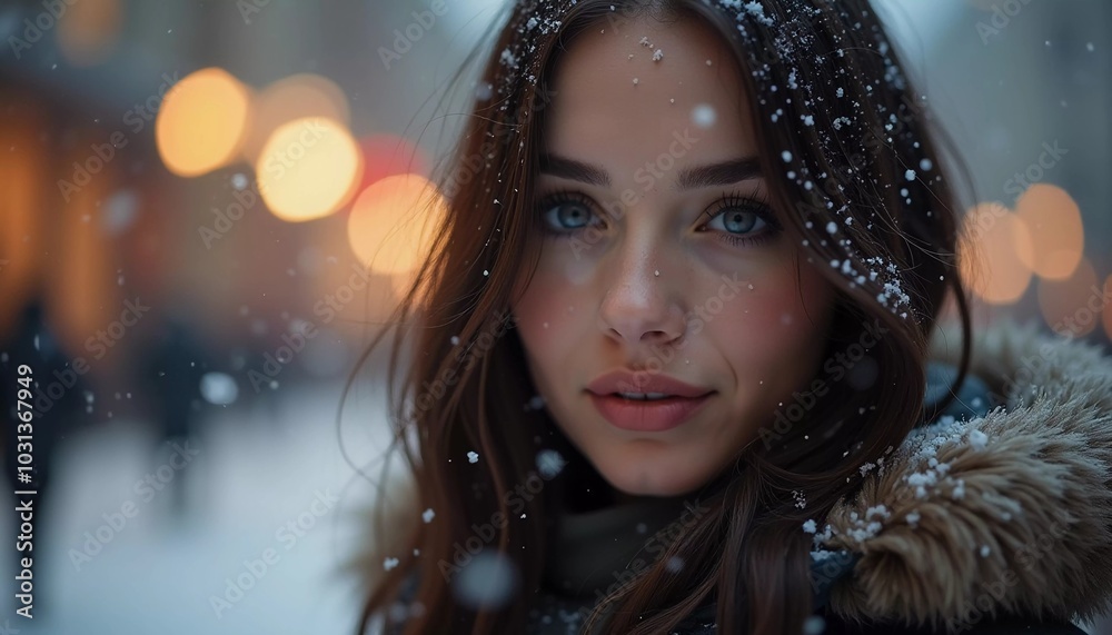 A stunning woman is looking softly as snowflakes fall around her in a delightful city setting, capturing the magic of the Christmas season. Beautiful brunette with long hair. Generative AI A stunning woman is looking softly as snowflakes fall around her in a delightful city setting, capturing the magic of the Christmas season. Beautiful brunette with long hair. Generative AI