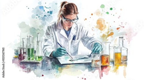 Watercolor Illustration of a Female Scientist Working in a Lab