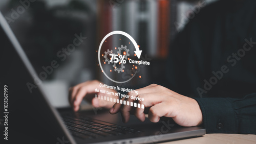 Operating system, Firmware, OS upgrade with loading progress screen. Software update to improve functionality in the new version. Fix or patch security bugs. Man working and installing update process.