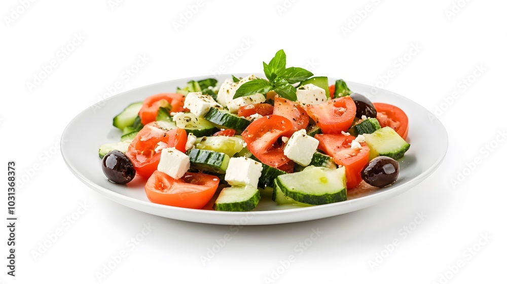 Fresh greek salad on a plate on white background. Fresh greek salad on a plate on white background.