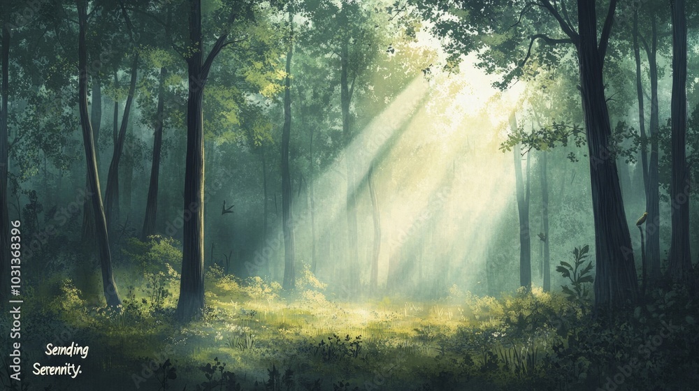 A dreamy postcard featuring a misty morning in a peaceful forest, with sunbeams breaking through the trees and a message like A dreamy postcard featuring a misty morning in a peaceful forest, with sunbeams breaking through the trees and a message like