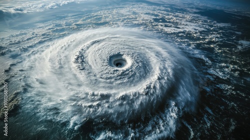 Aerial view of a massive hurricane spiraling over the ocean showcasing dark seas and swirling white clouds