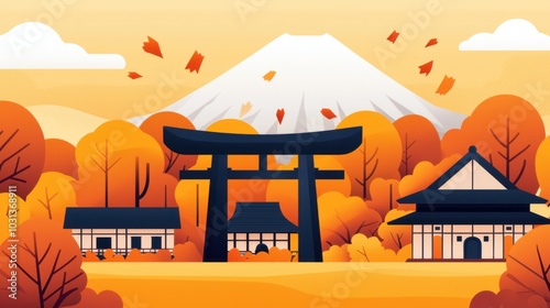 Playful illustration of a Japanese torii gate in front of a traditional house with a backdrop of Mount Fuji