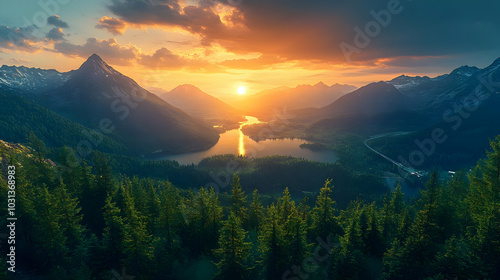 Scenic sunset over mountain...
