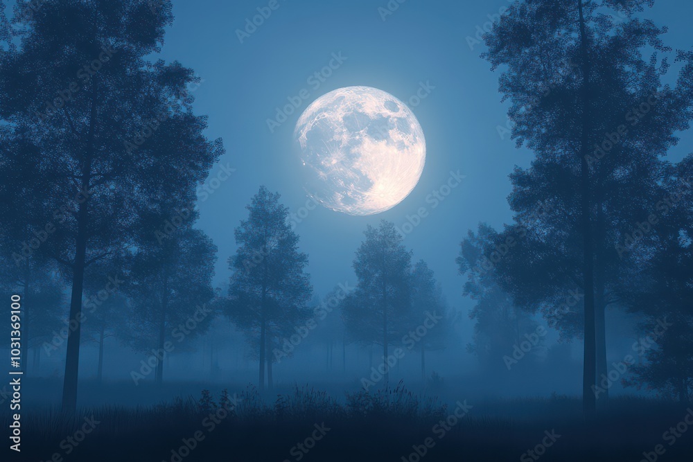 Naklejka premium Full Moon Over Foggy Forest.