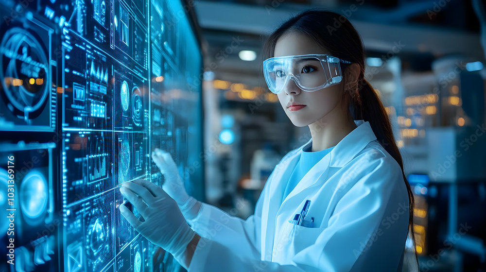 Scientist interacting with a digital interface in a lab setting.