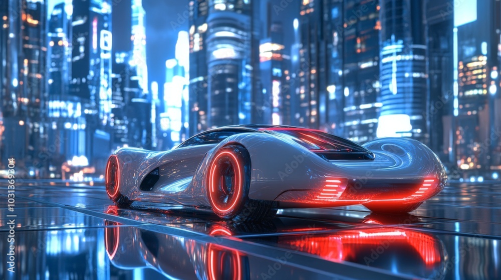A futuristic 3D vehicle design with sleek curves and glowing neon accents, set against a modern cityscape with reflective surfaces.