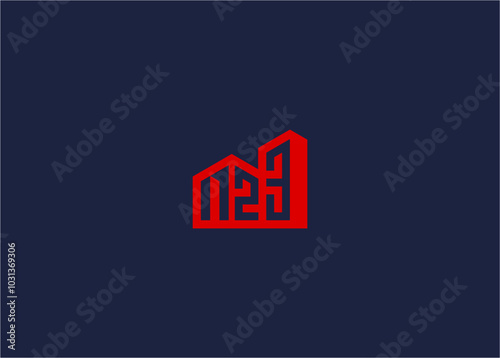 A stylized logo featuring abstract buildings in red on a dark background.