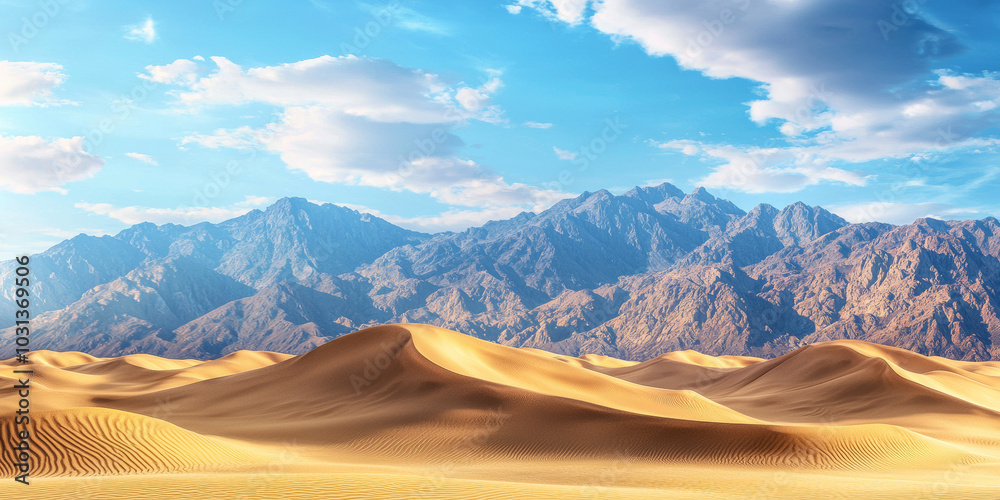 Naklejka premium Beautiful desert landscape with sand dunes and mountains in the background, generative AI
