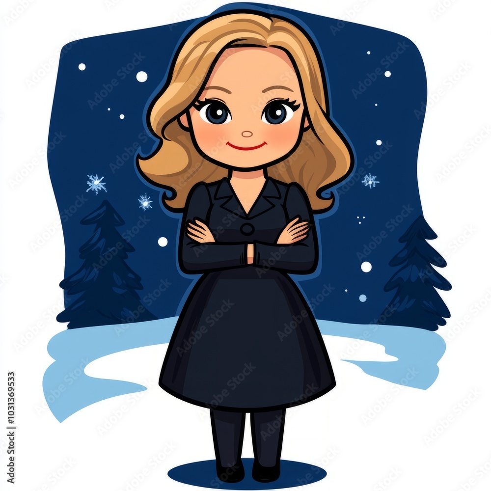 A cartoon character with blonde hair in a black outfit stands in a snowy scene. A cartoon character with blonde hair in a black outfit stands in a snowy scene.
