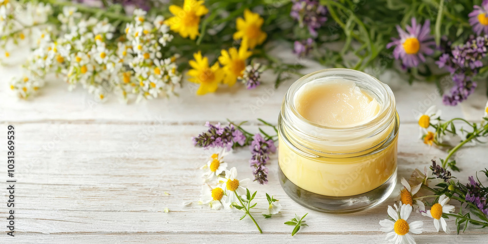 A jar of homemade skin balm with natural ingredients like shea butter, generative AI A jar of homemade skin balm with natural ingredients like shea butter, generative AI