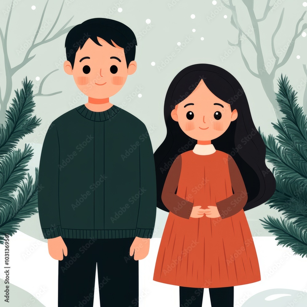 Two cartoon characters standing in a winter landscape with trees. Two cartoon characters standing in a winter landscape with trees.