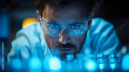 Scientist examining glowing...
