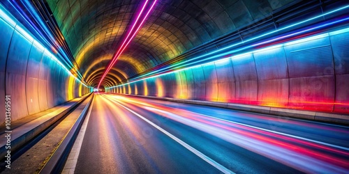 Abstract empty road tunnel with colorful light trail