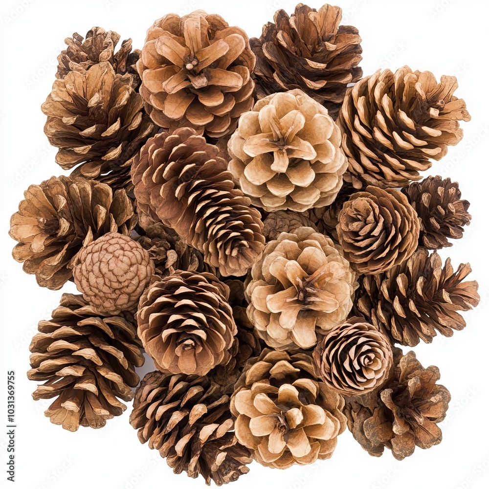 A collection of various pine cones arranged in a circular pattern. A collection of various pine cones arranged in a circular pattern.
