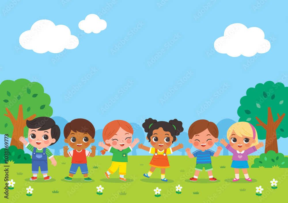 Group of Happy boys and girls standing and jumping on the park. Children's activities. Template for advertising brochure. Group of Happy boys and girls standing and jumping on the park. Children's activities. Template for advertising brochure.