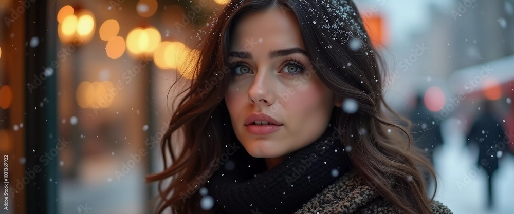 A stunning woman is looking softly as snowflakes fall around her in a delightful city setting, capturing the magic of the Christmas season. Beautiful brunette with long hair. Generative AI A stunning woman is looking softly as snowflakes fall around her in a delightful city setting, capturing the magic of the Christmas season. Beautiful brunette with long hair. Generative AI