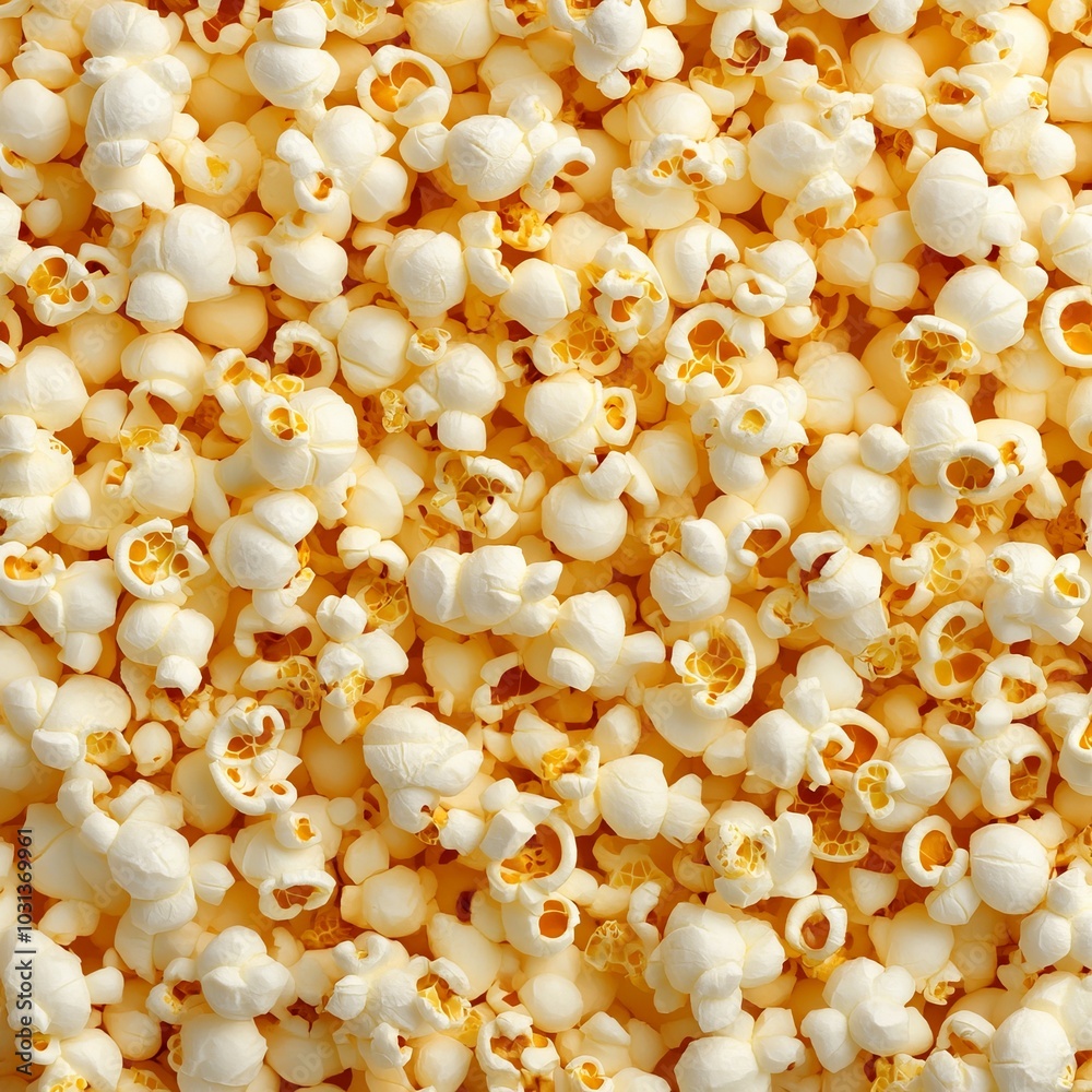 A close-up view of popped popcorn kernels scattered together. A close-up view of popped popcorn kernels scattered together.