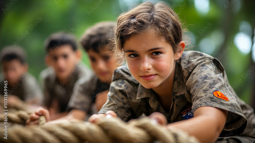 Fototapeta premium Children participating in a team-building rope activity outdoors.