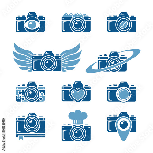 Set Camera Logo Design Element Collection. Editable Line. Adjustable Stroke Width.