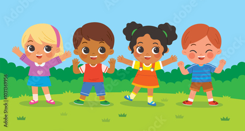 Group of Happy boys and girls standing and jumping on the park. Children's activities.