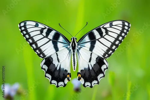 Fototapeta Black and white butterfly with open wings, captured mid-flight against a vibrant green background