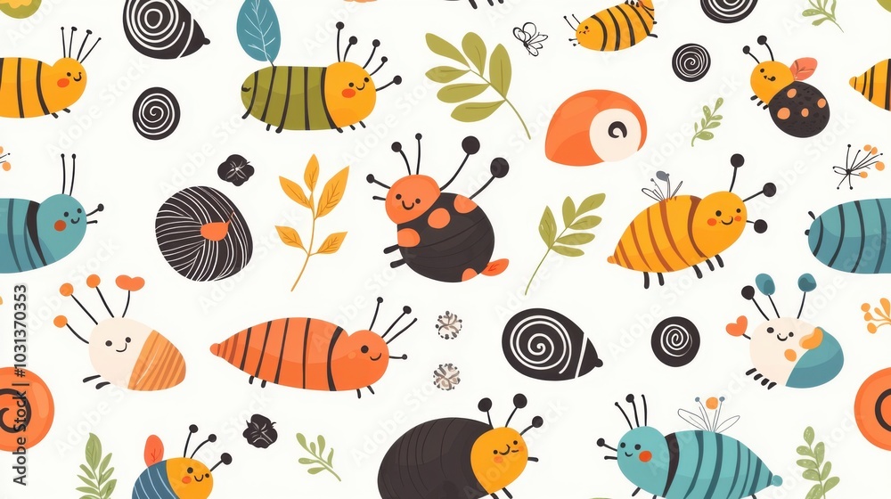Adorable caterpillars and snails illustrated in a tiny cartoon pattern with bright colors Adorable caterpillars and snails illustrated in a tiny cartoon pattern with bright colors