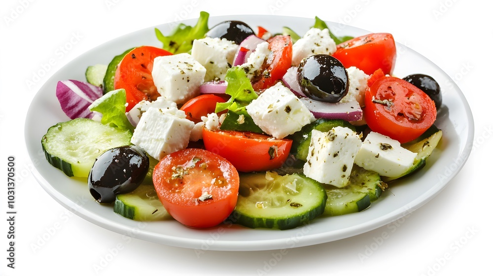 Fresh greek salad on a plate on white background. Fresh greek salad on a plate on white background.