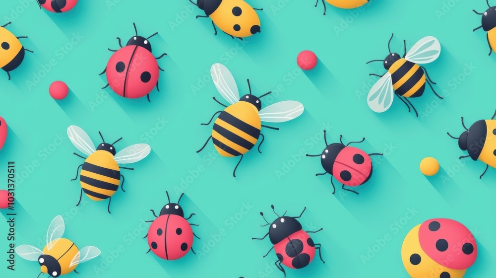 Tiny bees and ladybugs in a playful cartoon design, scattered across a seamless background