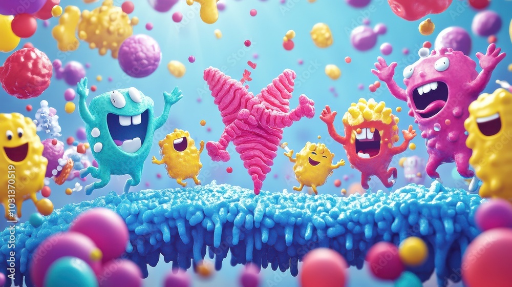 A colorful cartoon depicting a protein folding like origami surrounded by cheerful characters celebrating its transformation A colorful cartoon depicting a protein folding like origami surrounded by cheerful characters celebrating its transformation