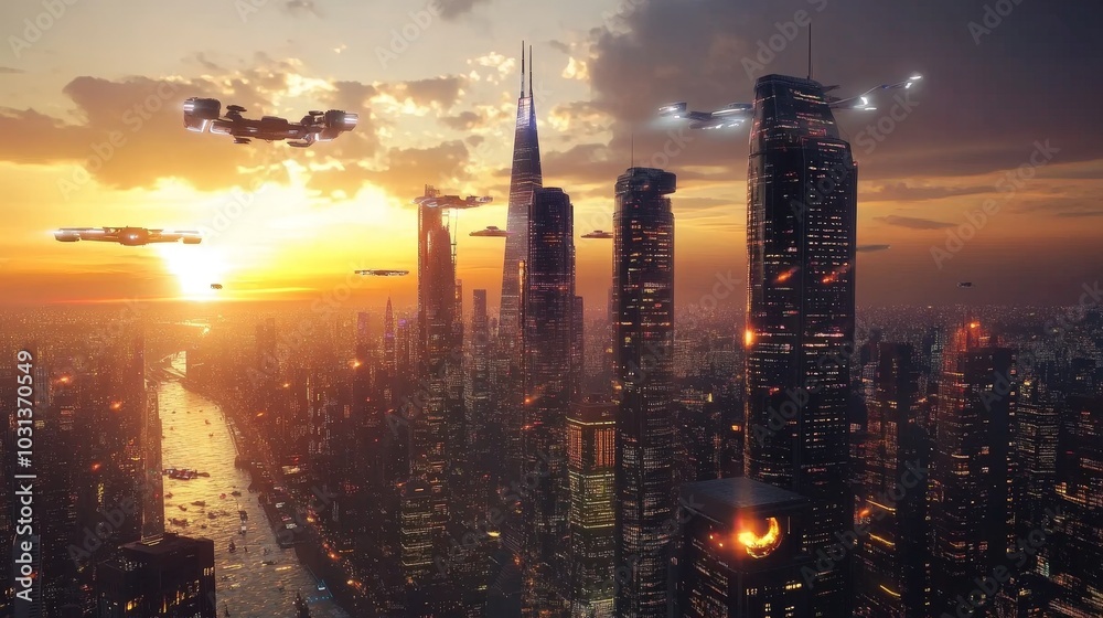 Fototapeta premium A highly detailed 3D rendering of a futuristic city skyline at sunset, with towering skyscrapers and flying vehicles, glowing lights illuminating the scene.