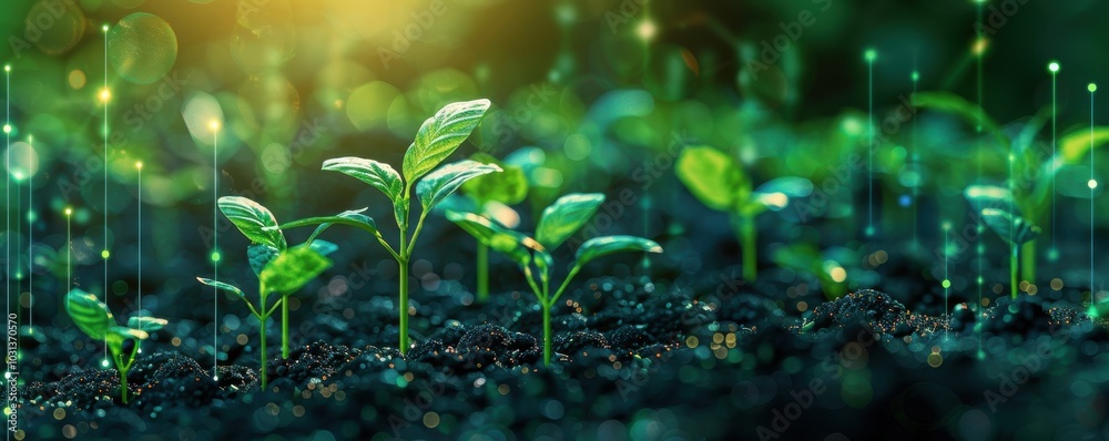 Young plants sprouting in dark soil with sunlight, showcasing growth and renewal. Young plants sprouting in dark soil with sunlight, showcasing growth and renewal.