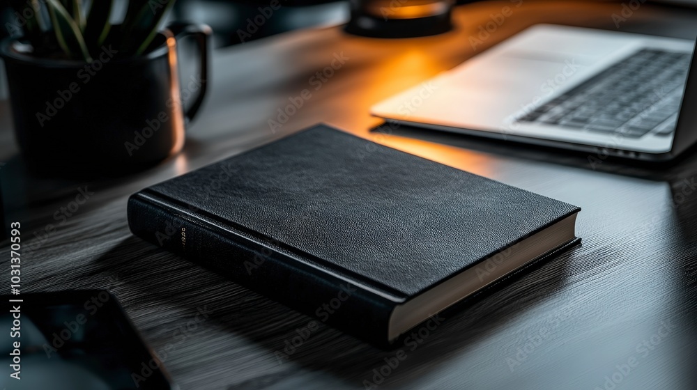 A sleek black book on a modern workspace desk with technology A sleek black book on a modern workspace desk with technology