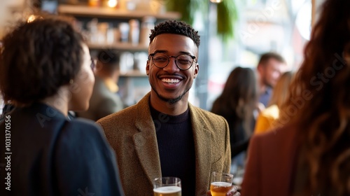 A dynamic shot of a creative entrepreneur networking at an arts-focused business event, building connections within the creative community