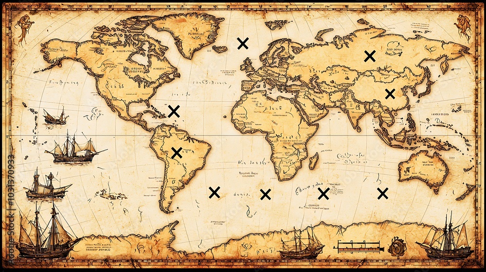 Obraz premium Vintage Treasure Map with X Marks the Spot and Ships