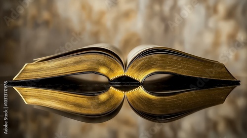 Open book with reflective surface and golden edges