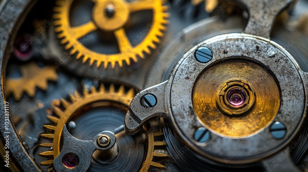 A highly detailed close-up of a mechanical watch, with every gear, spring, and cog visible, showing the inner workings and polished metallic surfaces.