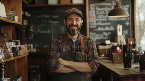 A dynamic shot of a family business owner welcoming customers into their shop, showcasing personalized service photo