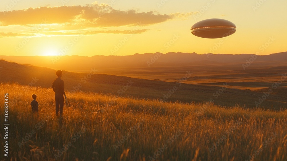 Father and Son Watching UFO Over Sunset Field