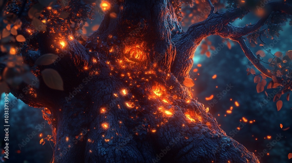 A highly detailed fantasy illustration of an enchanted tree, with glowing leaves, intricate bark texture, and mystical creatures living in its branches. A highly detailed fantasy illustration of an enchanted tree, with glowing leaves, intricate bark texture, and mystical creatures living in its branches.