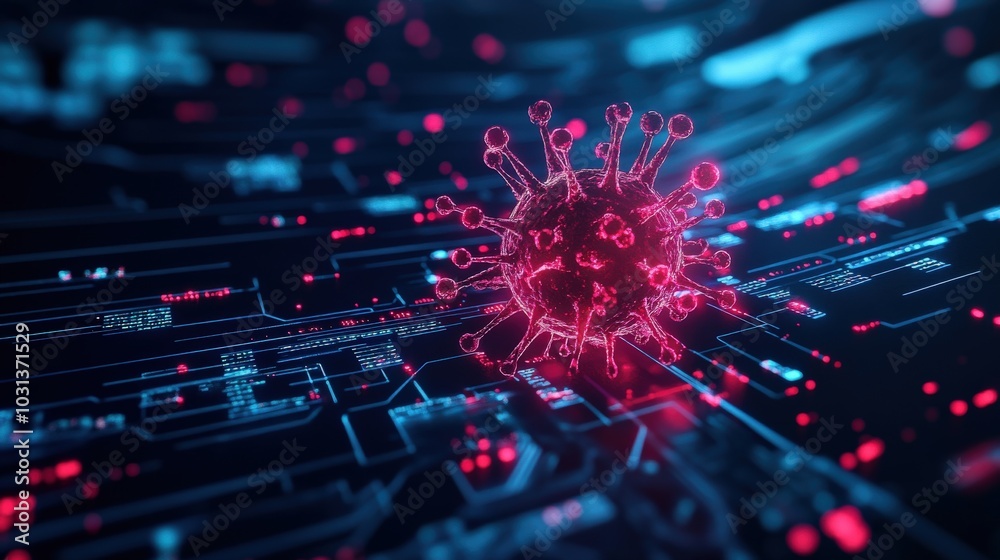 Virus representation, digital background with abstract technology elements, isolated.