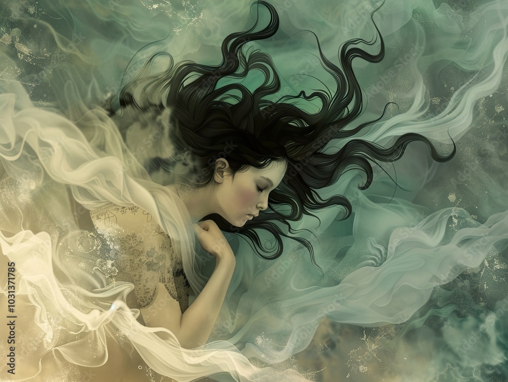 Dreamy Portrait of a Woman in a Flowing Veil Dreamy Portrait of a Woman in a Flowing Veil
